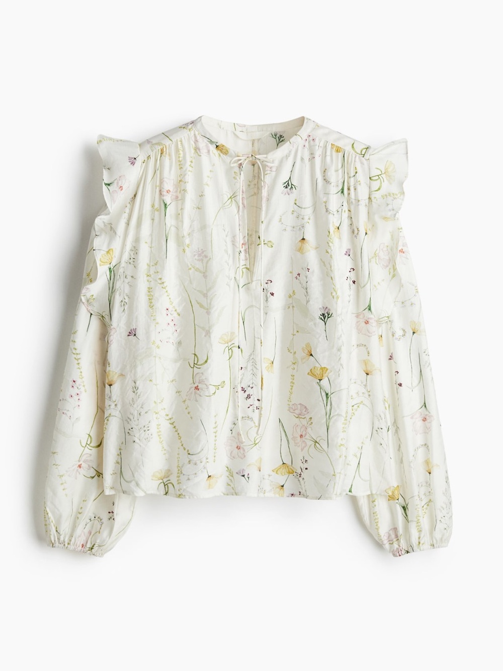 H&M Floral Flounce Ruffle Balloon Sleeve Blouse Cream XL